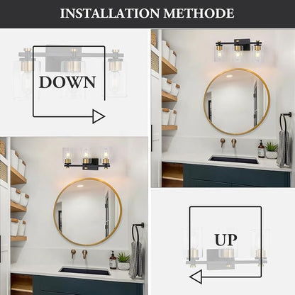 3-Light Black Gold Bathroom Vanity Light with Clear Glass Shades | Modern Bathroom Light Fixture, E26 Socket, Over Mirror Lighting for Bath Vanity Decor, High Quality Metal