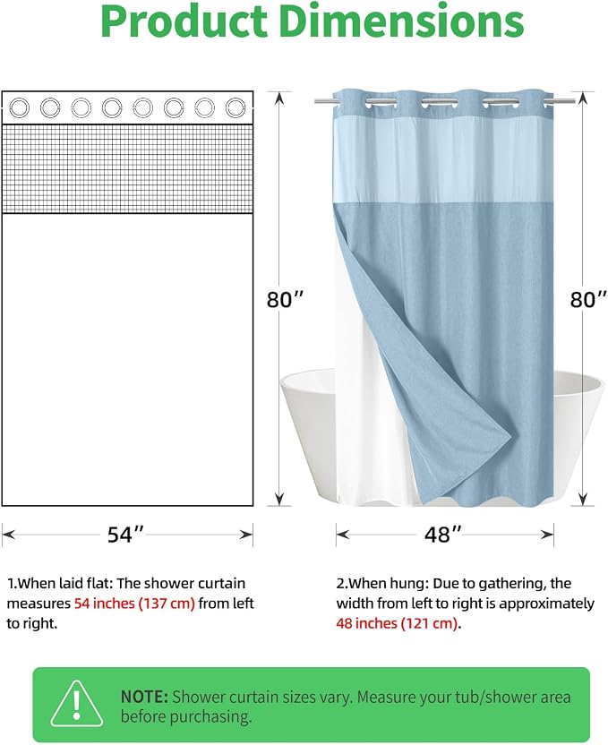 eachope No Hook Fabric Shower Curtain with Snap-in Liner,54x80 Fog Blue | Linen Texture,230GSM Thick Fabric,Hotel Luxury Decor,Mesh Window,Waterproof & Machine Washable,for Shower Stall or Bathroom