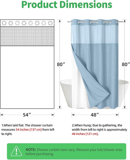 eachope No Hook Fabric Shower Curtain with Snap-in Liner,54x80 Fog Blue | Linen Texture,230GSM Thick Fabric,Hotel Luxury Decor,Mesh Window,Waterproof & Machine Washable,for Shower Stall or Bathroom
