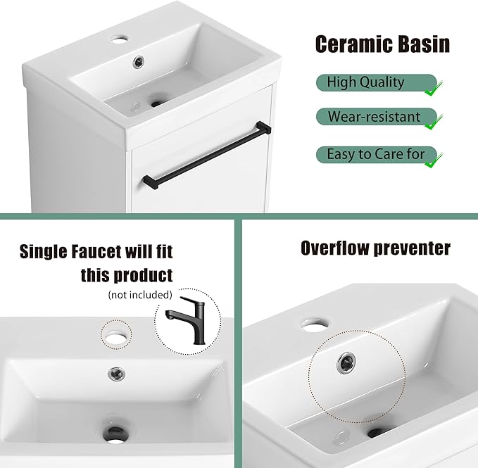 18" Bathroom Vanity with Sink, 18 Inch Floating Bathroom Vanity for Small Space, Modern Single Sink Vanity Combo, White Wall Mounted Cabinet Set