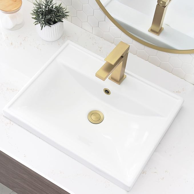 Stylish Drop in Bathroom Sink 20 1/4 x 16 Inch Porcelain Rectangular Bathroom Sinks Shiny Finish Smooth and Stain Resistant Surface with Chrome and Matte Black Overflow, P-210H