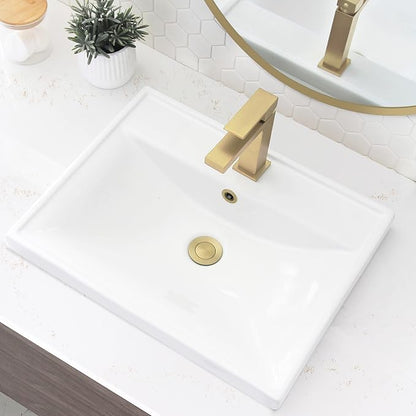 Stylish Drop in Bathroom Sink 20 1/4 x 16 Inch Porcelain Rectangular Bathroom Sinks Shiny Finish Smooth and Stain Resistant Surface with Chrome and Matte Black Overflow, P-210H