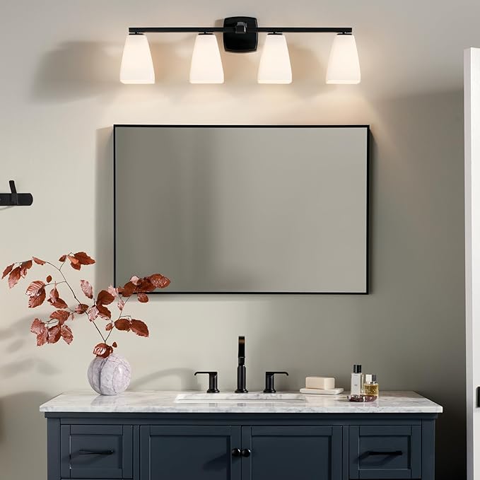 Kichler Marant 33.25" 4-Light Vanity Light with Opal Glass in Black, for Bathroom, Powder Room, Over a Mirror, (33.25" W x 9.5" H), 55217BK