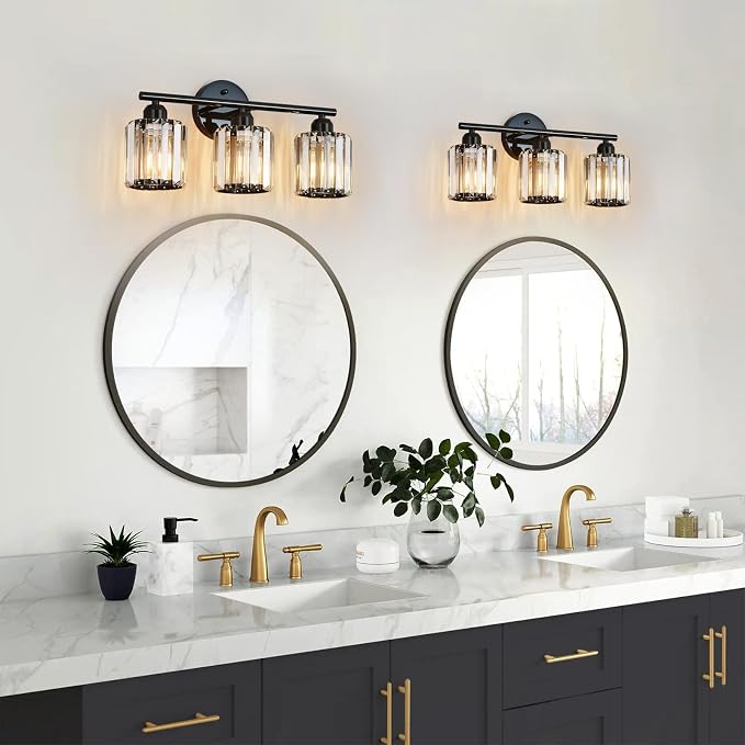 Modern 3-Light Crystal Vanity Light, High Gloss Black Bathroom Wall Light Fixtures Over Mirror for Dressing Table and Sink, Compatible with Dimmable Bulbs, Bulbs Not Included