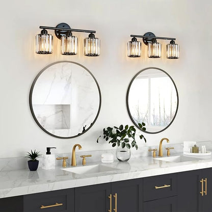 Modern 3-Light Crystal Vanity Light, High Gloss Black Bathroom Wall Light Fixtures Over Mirror for Dressing Table and Sink, Compatible with Dimmable Bulbs, Bulbs Not Included