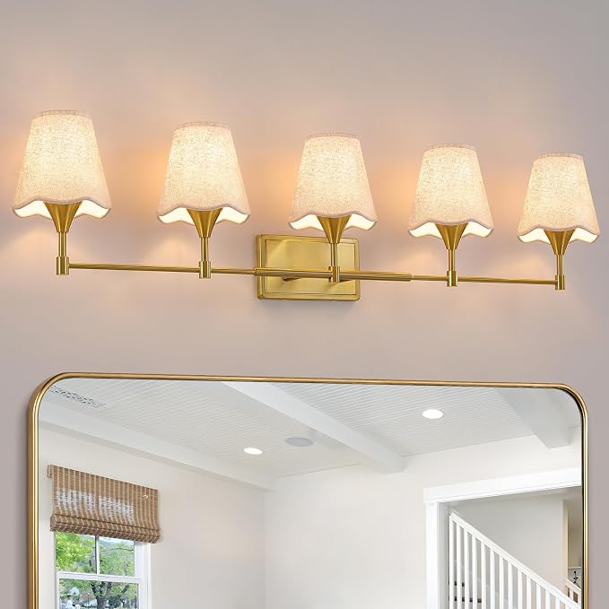 Gold Bathroom Vanity Light Fixtures: Brushed Gold Vanity Lights Over Mirror with Flared Fabric Shade, Modern Bathroom Lighting Fixtures, 5 Light Wall Sconces Lights for Bedroom Hallway Living Room