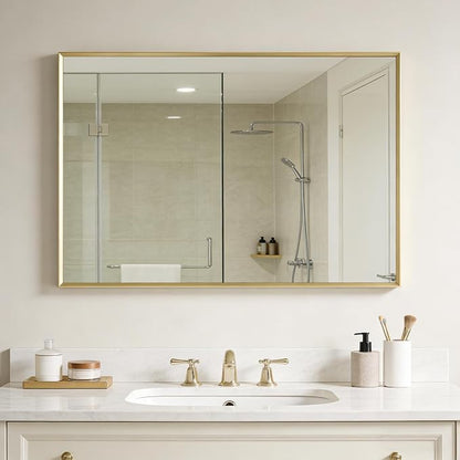 Bathroom Mirror 36" x 24" Brushed Gold Beveled Framed Mirror for Over Sink | Rectanglar Modern Farmhouse Wall Mirror, Tempered Glass, Anti-Rust, Hangs Horizontally or Vertically