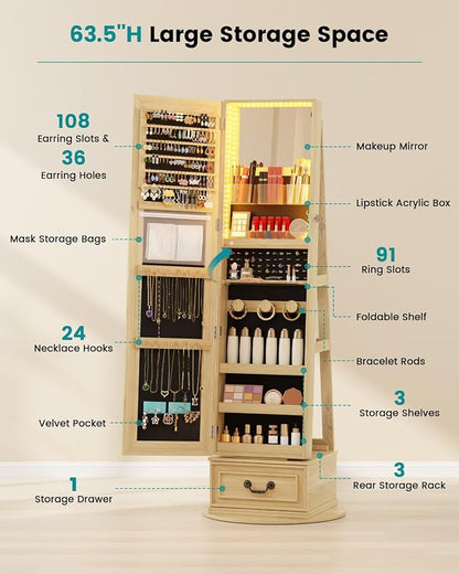 Vlsrka Mirror Jewelry Cabinet Standing with Lights, Lockable, Swivel, Wood | Standing Jewelry Armoire with Full Length Mirror, Large Jewelry Organizer Storage with Foldable Makeup Shelf, 3 LED Lights
