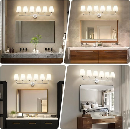 Bathroom Vanity Light, Brushed Nickel Bathroom Light Fixtures, 6-Light Lighting Fixtures Over Mirror, Modern Wall Sconce with Flared White Fabric Shade, E26 Socket(ETL Listed)