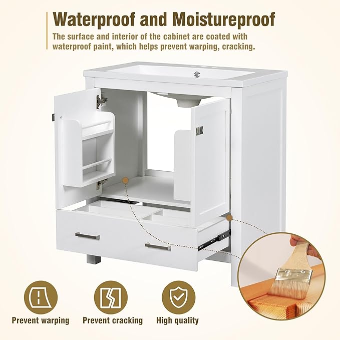 LUMISOL 30" Bathroom Vanity Set with Sink, Solid Wood Bathroom Cabinet with One Drawer and Two Doors, Multi-Function Storage Organizers, Undermount Sink Basin, White