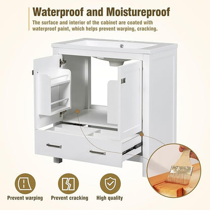 LUMISOL 30" Bathroom Vanity Set with Sink, Solid Wood Bathroom Cabinet with One Drawer and Two Doors, Multi-Function Storage Organizers, Undermount Sink Basin, White