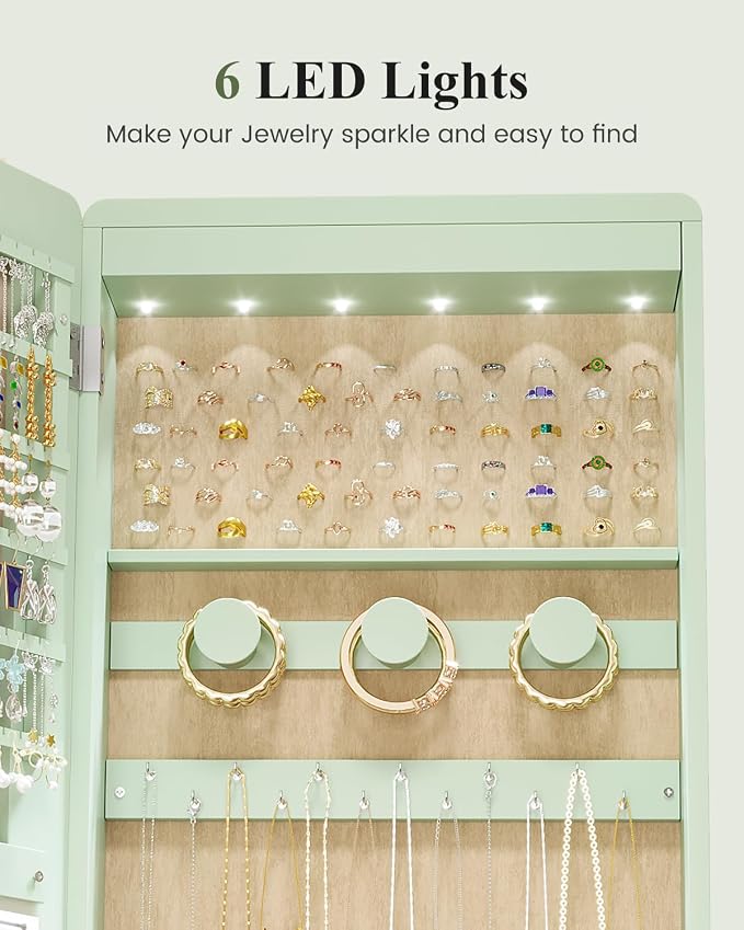LVSOMT Standing Jewelry Mirror Organizer 6 LED Swivel Jewelry Cabinet Green | Framelss Full Length Mirror with Jewelry Storage, Lockable Jewelry Armoire with 4 Rear Shelves and Hooks for Women Gift