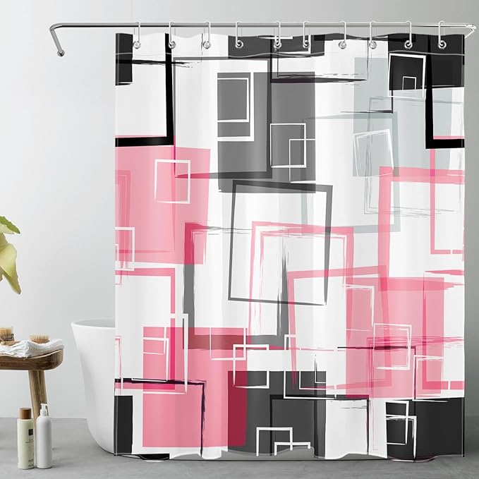 Abstract Geometric Hot Pink Shower Curtain Sets with Rugs, Gray Black and White Geometric Textured Bathroom Curtain Polyester Fabric Bathroom Decoration Shower Curtain Set,70L X 70W Inches