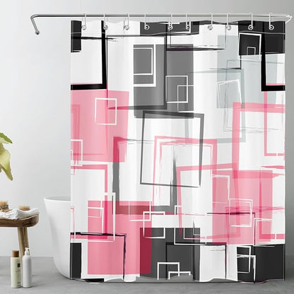 Abstract Geometric Hot Pink Shower Curtain Sets with Rugs, Gray Black and White Geometric Textured Bathroom Curtain Polyester Fabric Bathroom Decoration Shower Curtain Set,70L X 70W Inches