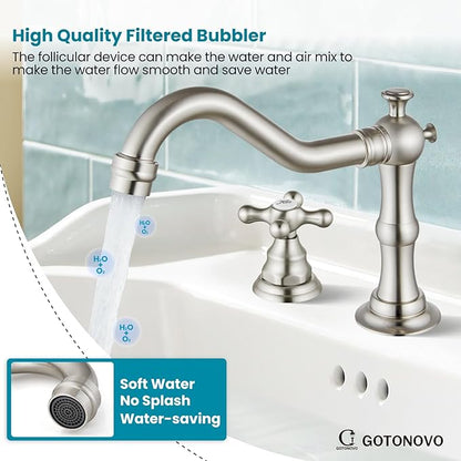 gotonovo Bathroom Faucet 3 Hole 8 Inch Widespread Bathroom Sink Faucet 2 Cross Handles Vintage Lavatory Vanity Mixer Tap with Pop Up Drain, Round Font Label, Brushed Nickel