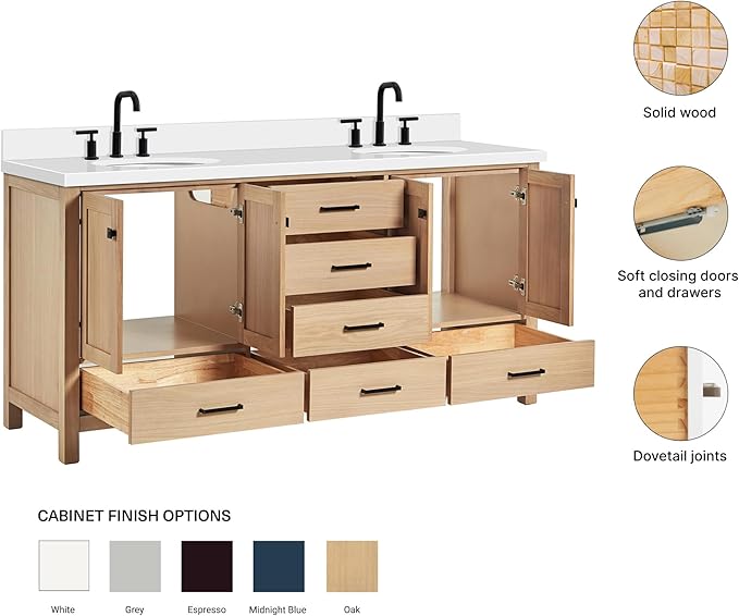 ARIEL Cambridge 72-inch Bathroom Vanity with Sink,Solid Wood, 1.5-inch Pure White Quartz Countertop & Backsplash, Double Oval Porcelain Sink, 4 Soft Closing Doors, 6 Dovetail Drawers, White Oak