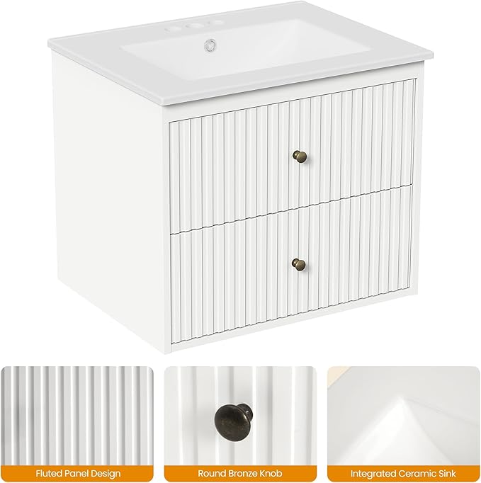 RoyalCraft 24'' Bathroom Vanity with Sink Combo, Wall Mounted Floating Sink Cabinet with 2 Hidden Damping Drawers, Grooved Stripe Design Bathroom Ceramic Sink Cabinet, White