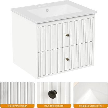RoyalCraft 24'' Bathroom Vanity with Sink Combo, Wall Mounted Floating Sink Cabinet with 2 Hidden Damping Drawers, Grooved Stripe Design Bathroom Ceramic Sink Cabinet, White
