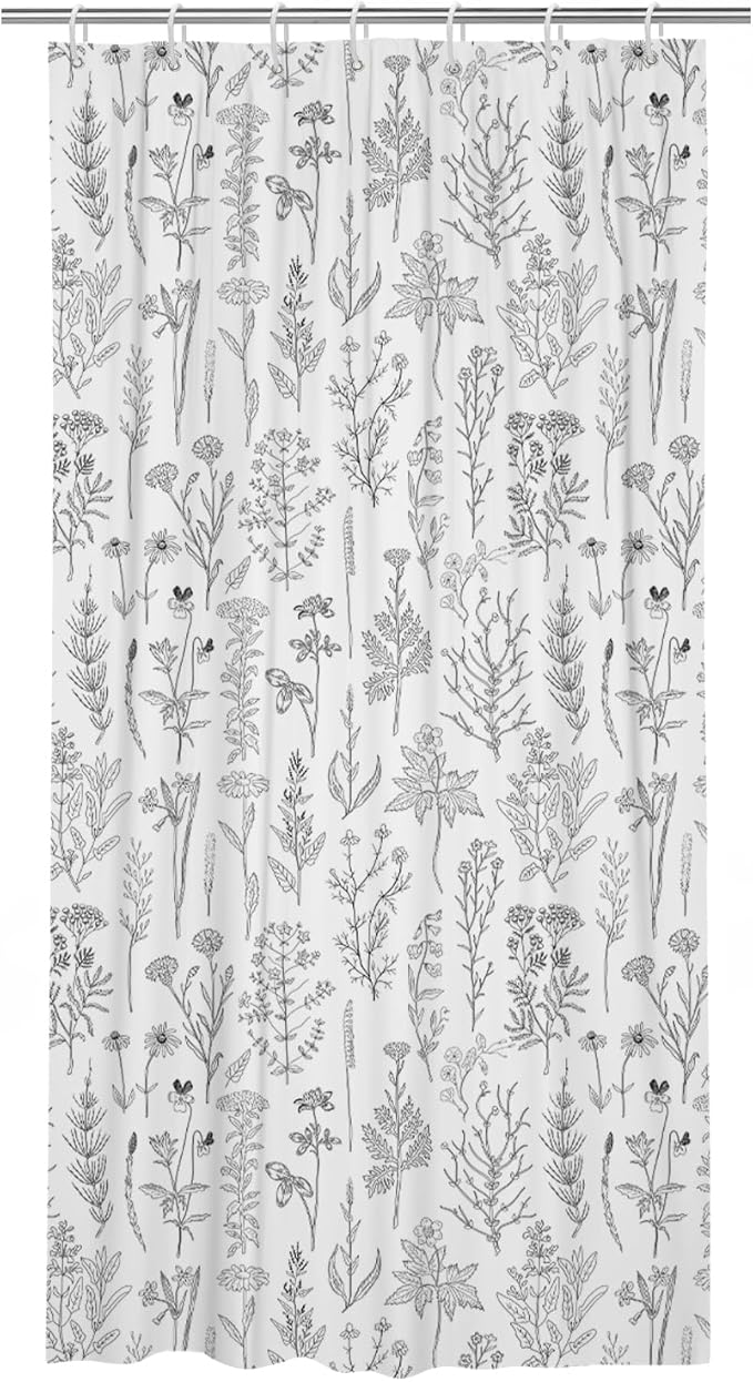 Coxila Vintage Floral Shower Curtain Stall Narrow Half Standing Mini Flower Botanical Black and White Boho Rustic Cute Neutral Wildflower Bathroom 36 x 72 Inch Polyester Fabric 7 Pack Hooks