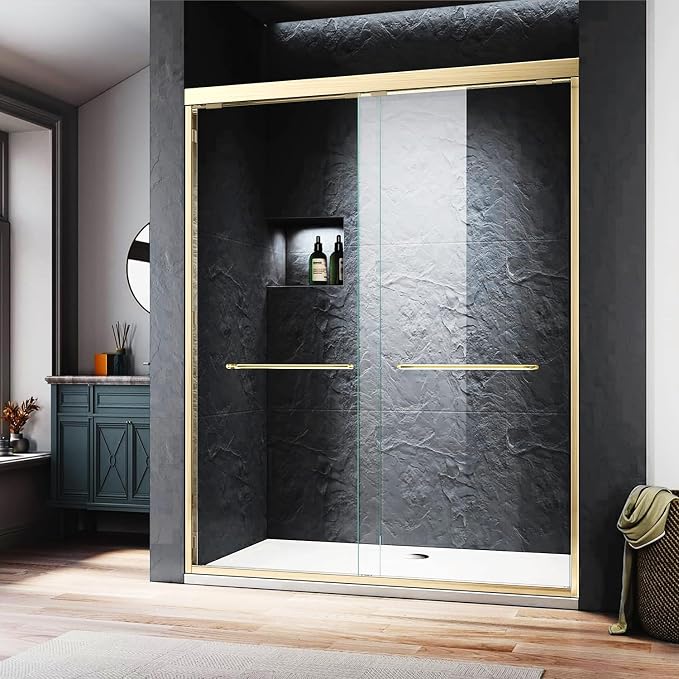 Shower Doors Glass Sliding 44-48 inch W x 72 inch H Bathroom Shower Enclosure Brushed Gold Finish,1/4" Tempered Certified Clear Glass Semi-Frameless Shower Glass Door