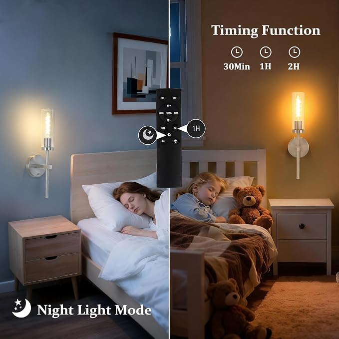 Shenmoyl Battery Operated Wall Sconces Set of 2, Nickel Rechargeable Wall Lighting Fixtures, Dimmable Wall Lights with Remote & Clear Glass Shade for Living Room, Bathroom,Bedroom