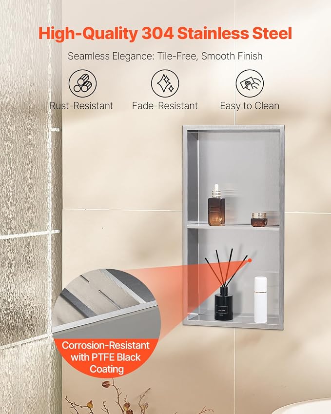 VEVOR Shower Niche, 13 x 25 x 4 inch Recessed Wall Niche Double-Layer, with Hollowed-Out Divider,Heavy-Duty Stainless Steel Modern Shampoo Storage Organizer,Waterproof, Silver for Bathroom