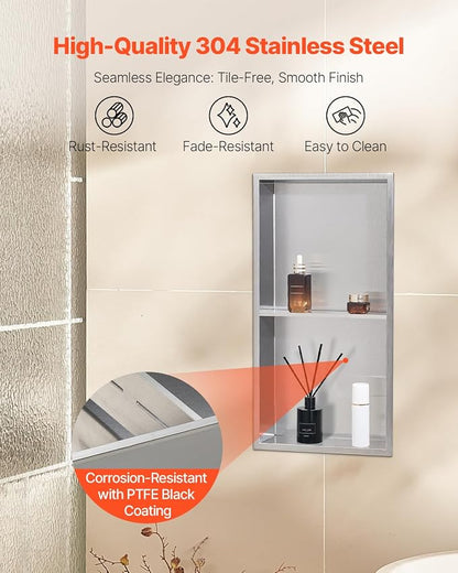VEVOR Shower Niche, 13 x 25 x 4 inch Recessed Wall Niche Double-Layer, with Hollowed-Out Divider,Heavy-Duty Stainless Steel Modern Shampoo Storage Organizer,Waterproof, Silver for Bathroom