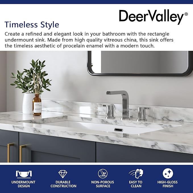 DeerValley DV-1U0132 Undermount Bathroom Sink 27.56"x15.87" White Rectangular Ceramic Sink Bathroom Wash Basin with Overflow Hole