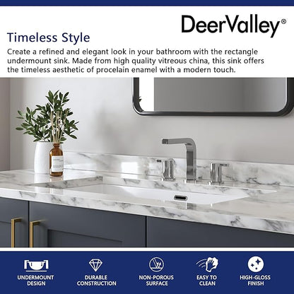 DeerValley DV-1U0132 Undermount Bathroom Sink 27.56"x15.87" White Rectangular Ceramic Sink Bathroom Wash Basin with Overflow Hole