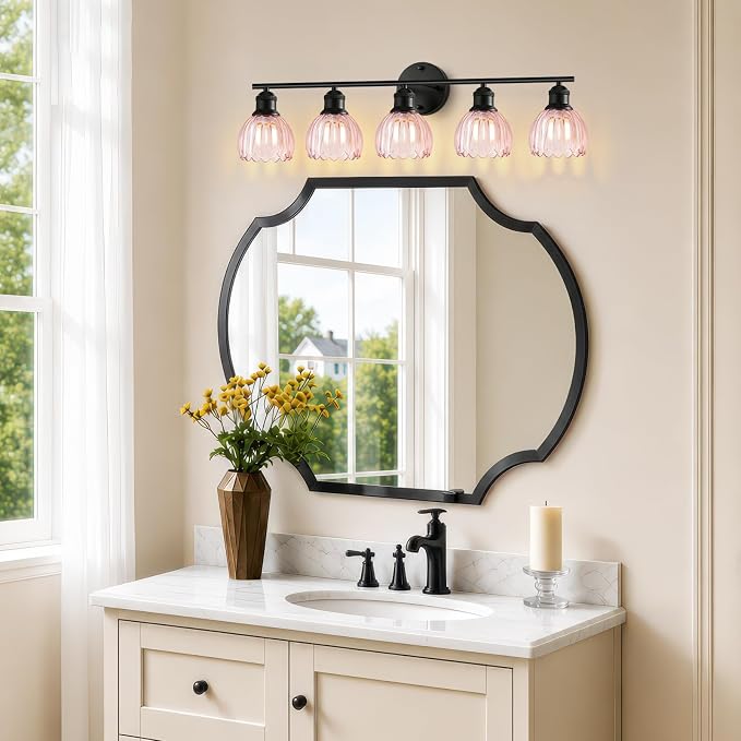Bathroom Light Fixtures, 5-Light Brushed Black Vanity Lights for Bathroom with Pink Tulip Glass Shade, 30" Vintage Bathroom Vanity Lighting Fixtures Over Mirror for Bedroom Living Room Hallway