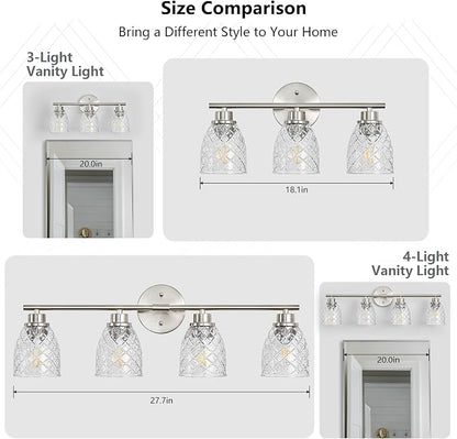 3-Light Bathroom Light Fixtures, Brushed Nickel Vanity Lights Over Mirror | Modern Farmhouse Wall Sconces with Hammered Glass Lampshade for Kitchen Hallway Bedroom Living Room Cabinet Porch-18.1IN