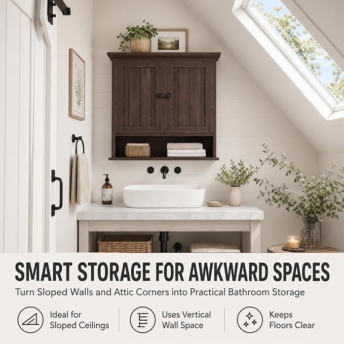 Besiost Farmhouse Bathroom Wall Medicine Cabinet with Removable Towel Bar | Over Toilet Storage Organizer, 7.9" Slim Profile, 100 Lbs Capacity, Adjustable Shelf, Soft Close Hinges Door, Black Walnut