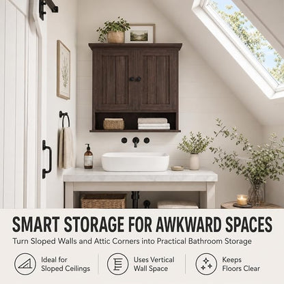 Besiost Farmhouse Bathroom Wall Medicine Cabinet with Removable Towel Bar | Over Toilet Storage Organizer, 7.9" Slim Profile, 100 Lbs Capacity, Adjustable Shelf, Soft Close Hinges Door, Black Walnut