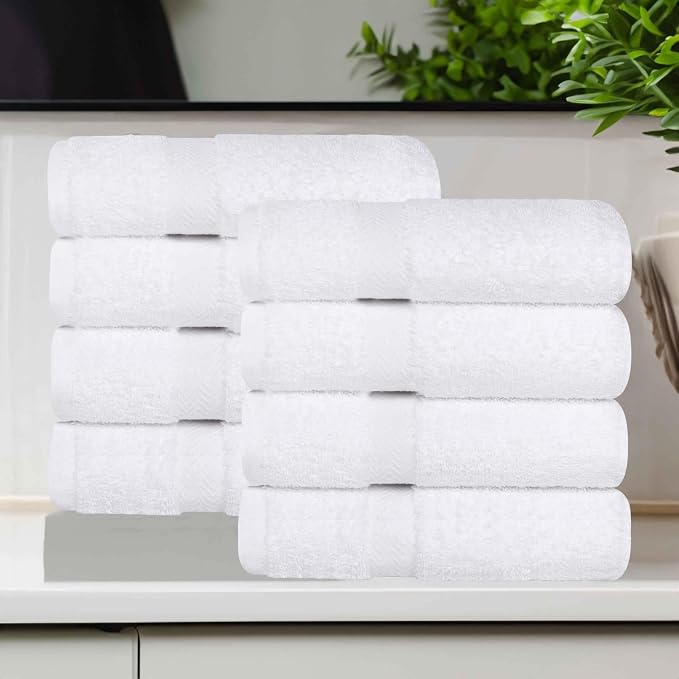 SUPERIOR 8-Piece Cotton Hand Towel Set, Small Towels for Fast Dry, Home Essentials, Bathroom Decor, Face, Body, Spa, Resort, Gym, Lightweight, Soft, House Accessories, Franklin Collection, White