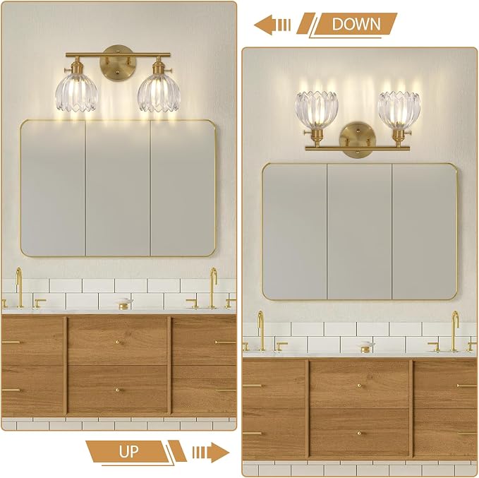 Gold 2 Light Bathroom Vanity Light,14.9in Modern Bathroom Lighting Fixtures Over Mirror with Tulip Crystal Glass Shade,Brass Vintage Vanity Lights for Bathroom Living Room Bedroom（not include bulbs)