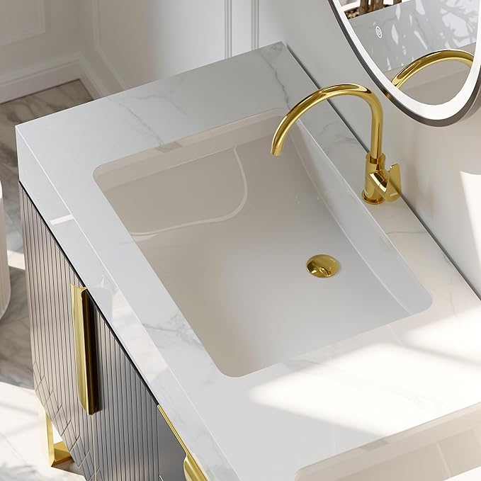 Bathroom Vanity with Sink, Modern Bathroom Vanity with Faux Marble Top, Gold Hardware & Soft-Close Drawers for Bathroom Storage (59.1 Inch, Black, Double Sink & Freestanding)