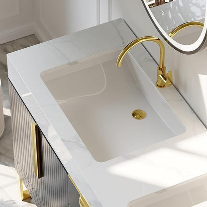 Bathroom Vanity with Sink, Modern Bathroom Vanity with Faux Marble Top, Gold Hardware & Soft-Close Drawers for Bathroom Storage (59.1 Inch, Black, Double Sink & Freestanding)