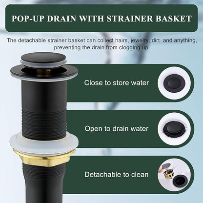 TONNY Single Handle Black Bathroom Sink Faucet | Tall Vanity Faucet with Deck Plate for 1 or 3 Holes, Stainless Steel, with Pop Up Drain for Vessel Sink Laundry Lavatory RV