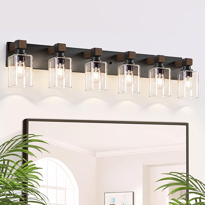 Farmhouse Black 6-Light Bathroom Vanity Light, Square Glass Shade | Vintage Rustic Design, Wood Grain Finish, Matte Black Metal, Wall Mount Over Mirror Lighting Fixtures for Bathroom Restroom