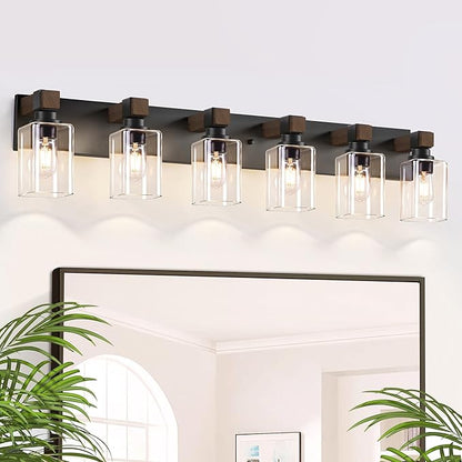 Farmhouse Black 6-Light Bathroom Vanity Light, Square Glass Shade | Vintage Rustic Design, Wood Grain Finish, Matte Black Metal, Wall Mount Over Mirror Lighting Fixtures for Bathroom Restroom