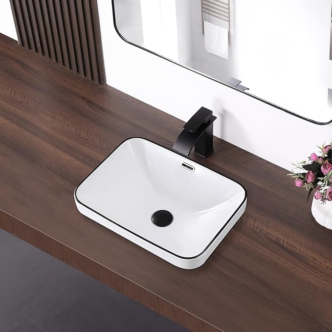Bathroom Vessel Sink 18.2'' x 13.3'' Semi Recessed Bathroom Sink Rectangular Drop-in Vanity Sink with Overflow White with Black Rim Ceramic Modern Art Basin