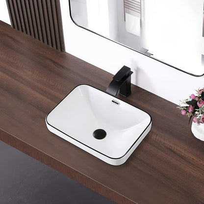 Bathroom Vessel Sink 18.2'' x 13.3'' Semi Recessed Bathroom Sink Rectangular Drop-in Vanity Sink with Overflow White with Black Rim Ceramic Modern Art Basin