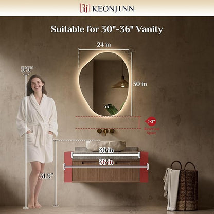 Keonjinn Irregular Backlit Mirror 24 x 30 Inch, Asymmetrical LED Bathroom Mirror with HD Tempered Glass, UL-Listed LED Driver, Stepless Dimmable with 3 Colors, Safe Defogging(Horizontal/Vertical)