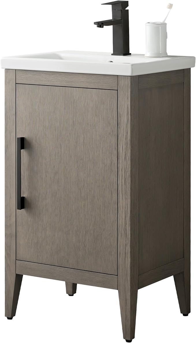 HomeBeyond 20 Inch Bathroom Vanity with Sink & Ceramic Top, Single Vanity Cabinet with Basin, Soft-Closing Doors & Matte Black Hardware, Driftwood Gray