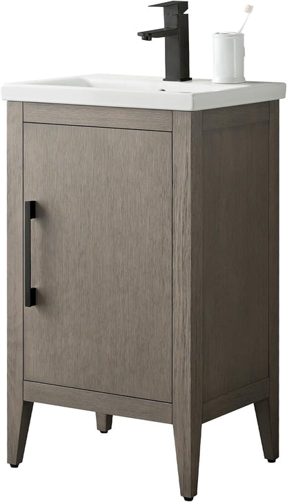 HomeBeyond 20 Inch Bathroom Vanity with Sink & Ceramic Top, Single Vanity Cabinet with Basin, Soft-Closing Doors & Matte Black Hardware, Driftwood Gray