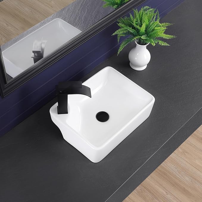 Vessel Sink 17.5"x13.2" Rectangular Bathroom Sink with Left Side Faucet Hole Modern White Porcelain Ceramic Above Counter Vanity Sink for Bathrooms Art Basin with Faucet Hole