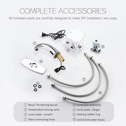 Touchless Bathroom Sink Faucet Automatic Motion Sensor Hands Free Faucet with Hole Cover Plate and Temperature Mixer,Commercial Solid Brass Faucet,AC/DC Powered,1 Hole or 3 Hole (Chrome)