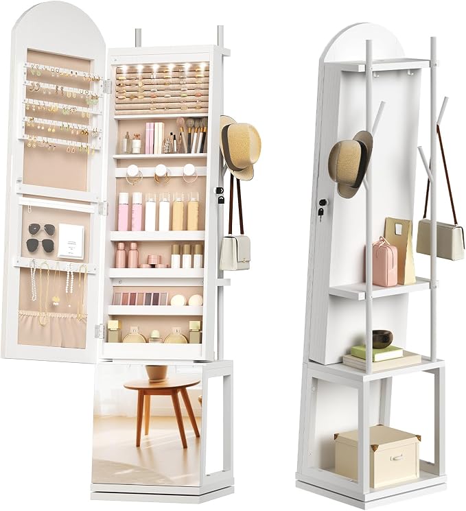 HOOBRO 360° Swivel Jewelry Cabinet with LED Lights, Standing Jewelry Organizer with Storage Shelf, Arched Full-Length Mirrored Jewelry Aromires, Lockable Jewelry Cabinet, Makeup Brush Boxes, White