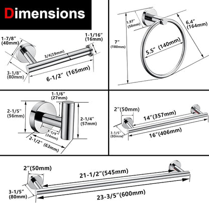 6 Pieces Polished Chrome Bathroom Hardware Accessories Set Hand Towel Ring 16&23.6 inch Round Towel Bar Toilet Paper Holder Towel Hooks 2 Pieces SUS 304 Stainless Steel,Heavy Duty,Wall Mounted
