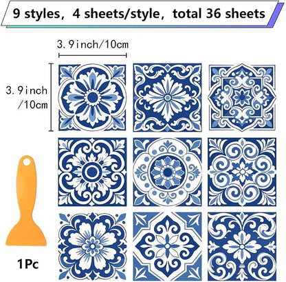 36Pcs 9 Styles Blue and White Tile Stickers 4 x 4 Inch Ceramic Tile Decals Peel and Stick Square Flower Pattern Waterproof PVC Decal for Kitchen Bathroom Backsplash Furniture DIY Home Decor